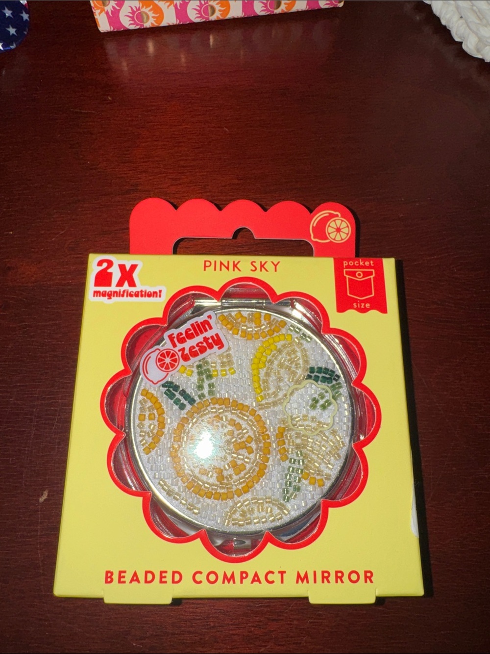 Pink Sky Feelin' Zesty Beaded Compact Mirror - Yellow/Gold